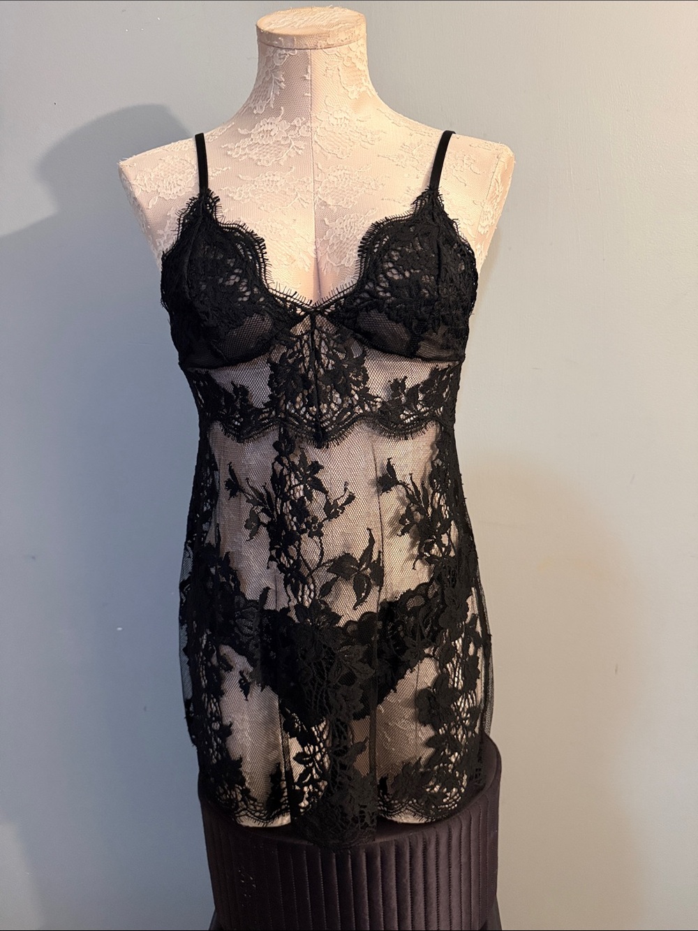 Victoria's Secret Black Floral Lace Sheer Slip Chemise